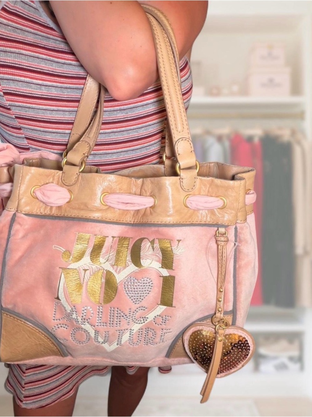 Vintage Juicy Couture Pink & Tan Juicy No. 1 Darling Tote Bag with Heart Charm